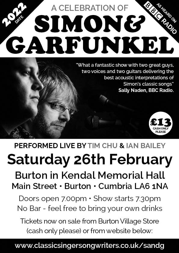 A Celebration Of The Music Of Simon & Garfunkel at Burton Memorial Hall on Sat 26th Jan 2022. 