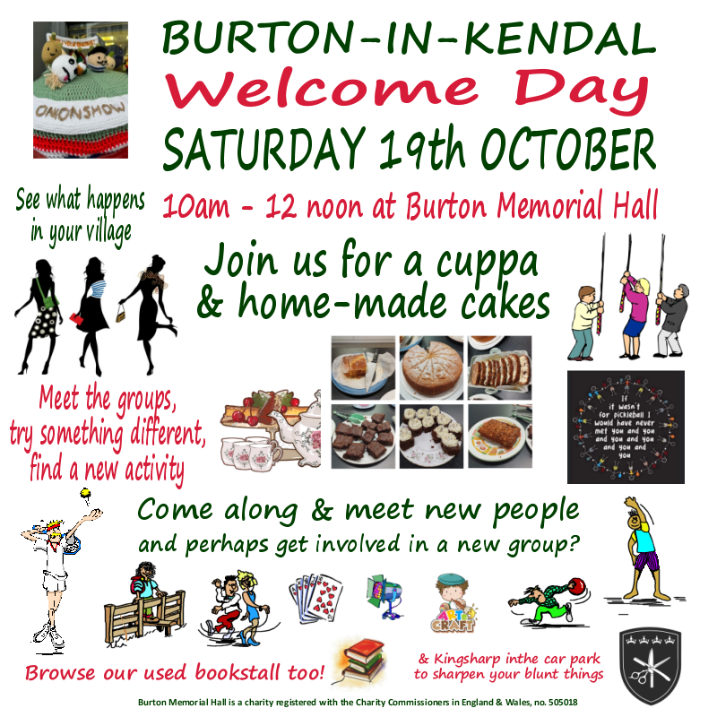 Welcome to the village day & coffee morning at Burton Memorial Hall Sat 19th Oct 2024 10am - 12 noon