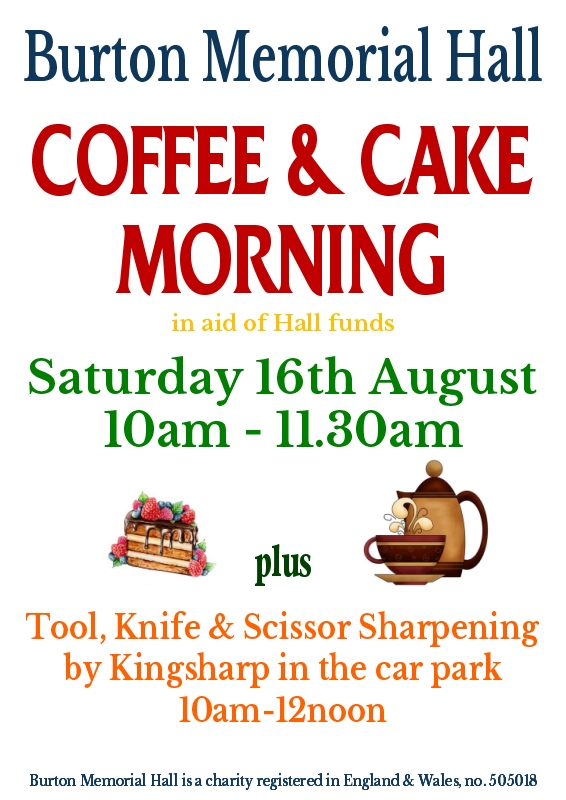 Coffee & Cake Morning Sat 16th August 2025 at Burton Memorial Hall LA6 1NA