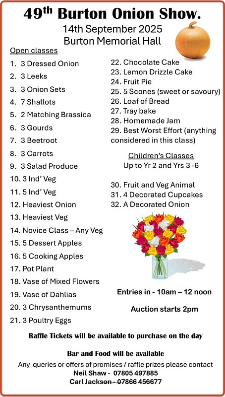 49th Annual Onion Show Sun 14th Sep at Burton Memorial Hall