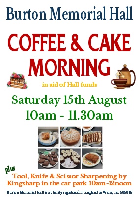 Coffee & cake morning Sat 15th August 2026 at Burton Memorial Hall LA6 1NA
