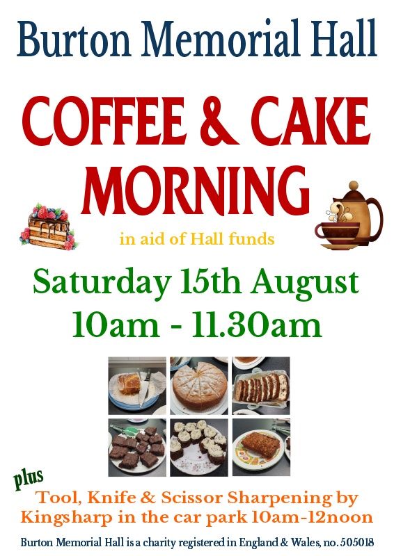 Coffee & cake morning Sat 15th August 2026 at Burton Memorial Hall LA6 1NA
