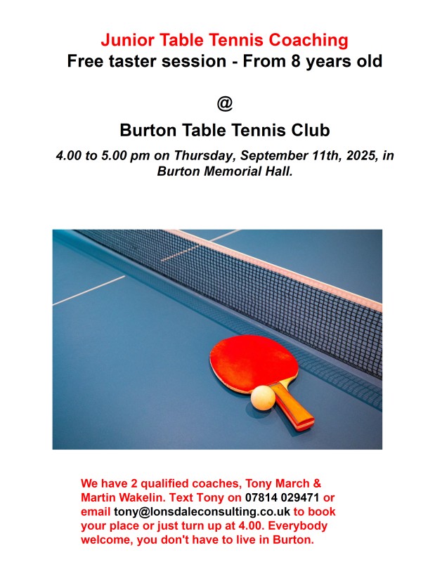 Junior Table Tennis Taster Session at the hall on Thursday 11th September 2025, 4-5pm
